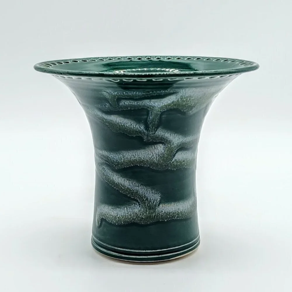 Handmade Barb Lund Green Drip Glazed Perforated Rim Vase